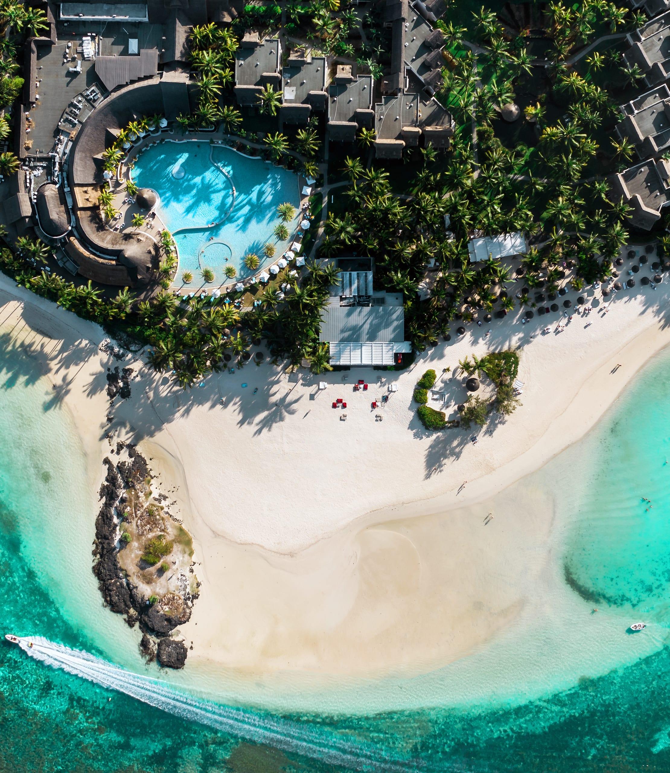 An aerial view of an island resort